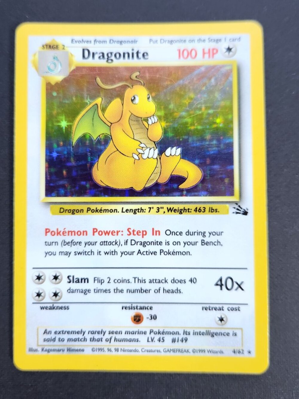 Dragonite 4/62 Fossil Holo Rare Pokemon Card 1999 WOTC Vintage Lightly Played LP